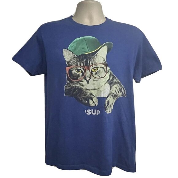 Mens Blue Graphic T-Shirt Small/Medium Cat Wsup Stretch Animal Print Novelty - Picture 1 of 5